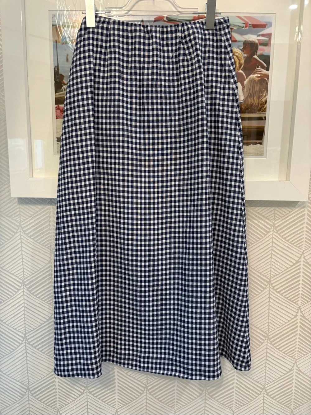 Reformation Navy and White Gingham Button-Front Midi Skirt